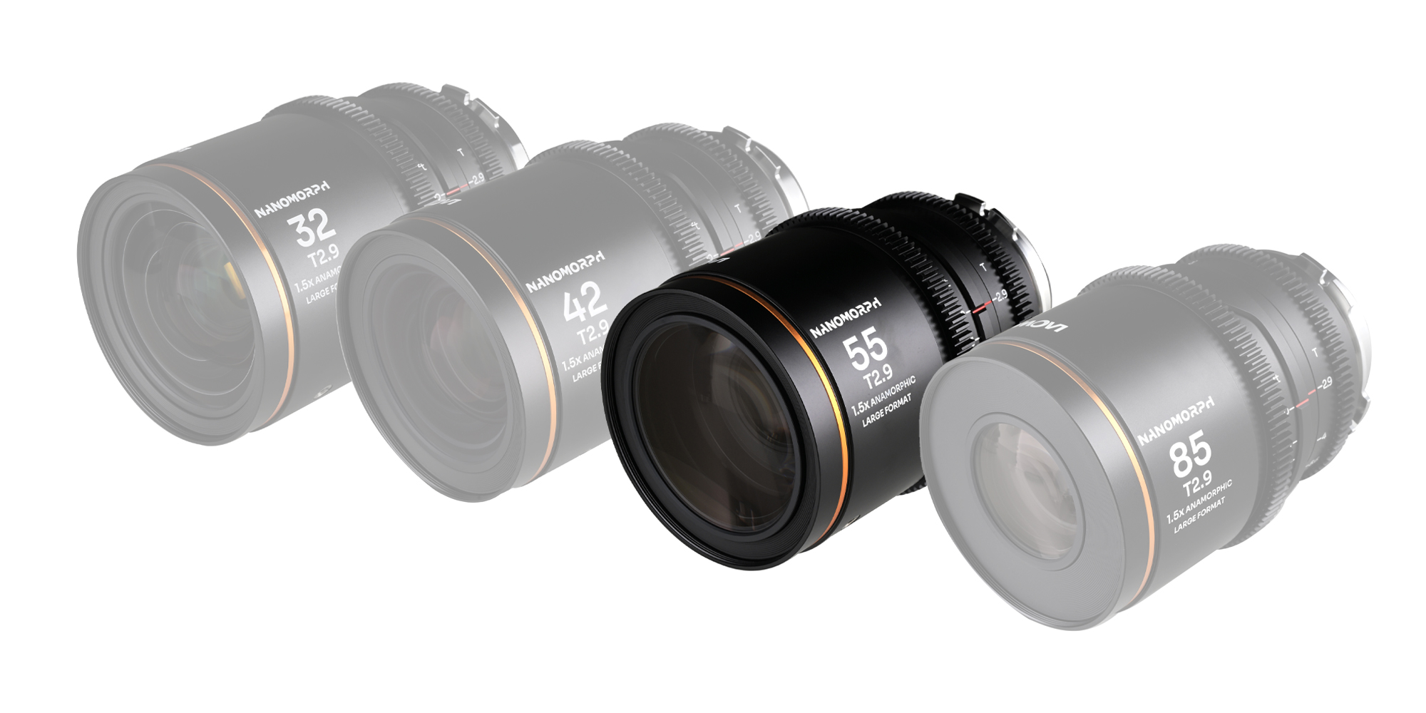 Obiektyw Laowa Nanomorph 55 mm T2,9 1,5x LF Amber do Arri PL / Canon EF obok wersji 32, 42 i 85 mm